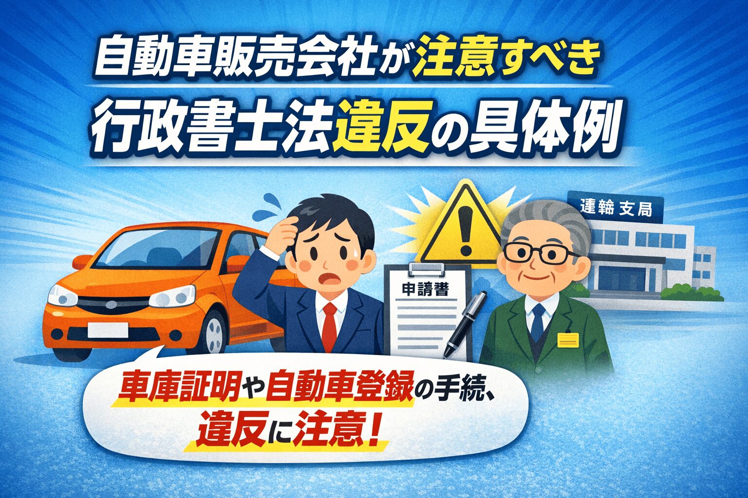 自動車販売会社による行政書士法違反となる手続の具体例を解説するミセイ行政書士事務所の記事アイキャッチ画像