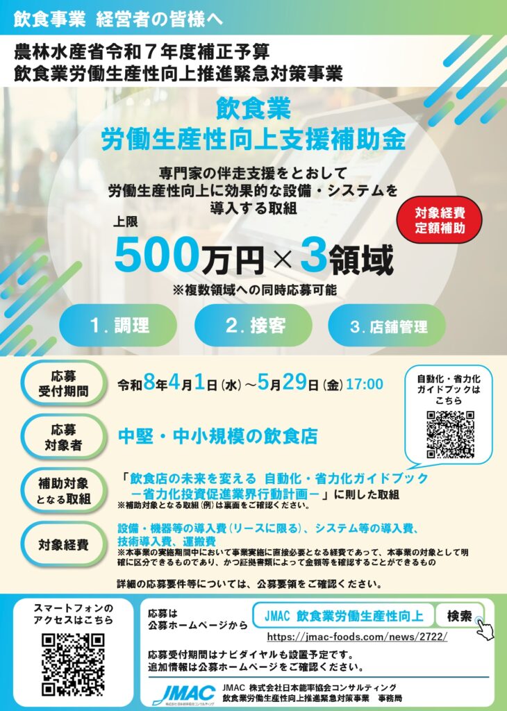 飲食業労働生産性向上支援補助金の公募開始を案内するイメージ画像