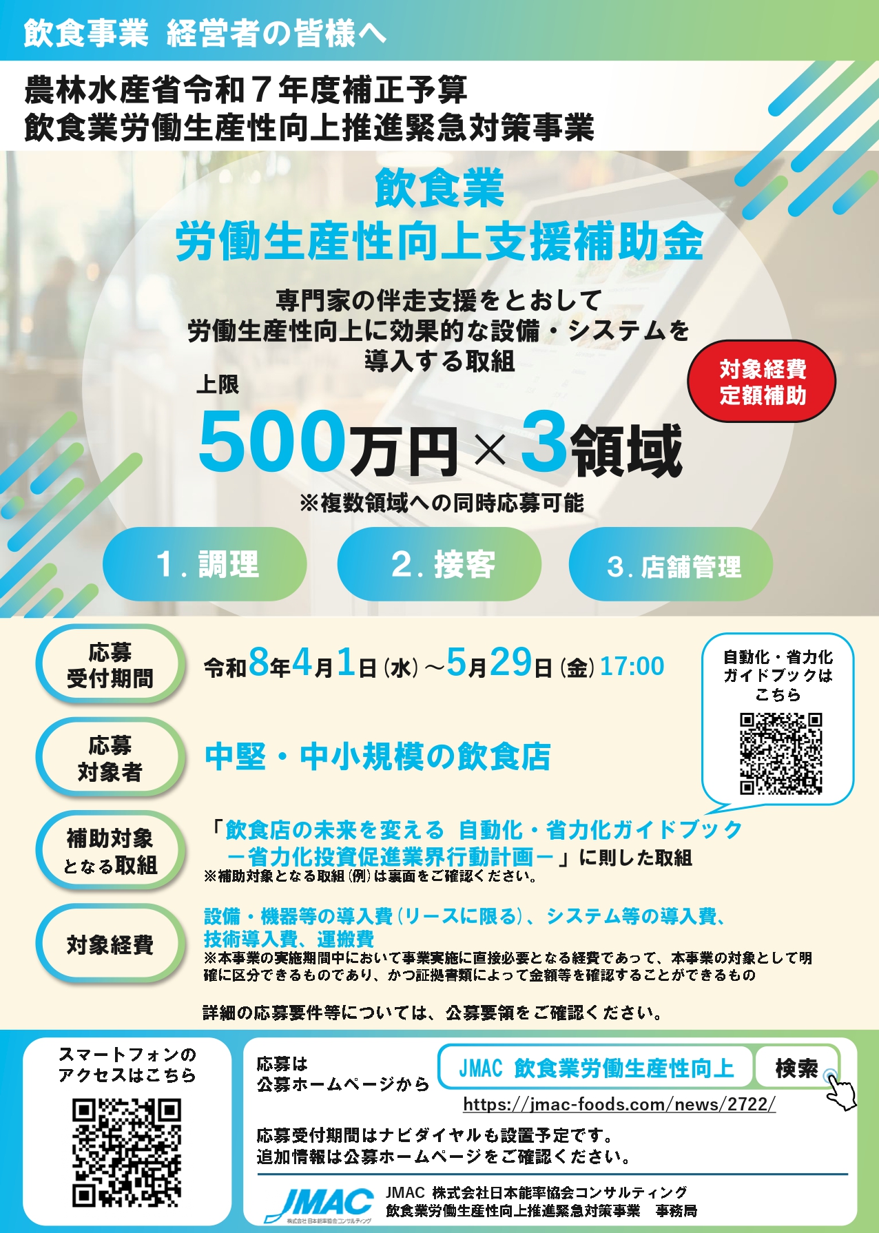 飲食業労働生産性向上支援補助金の公募開始を案内するイメージ画像