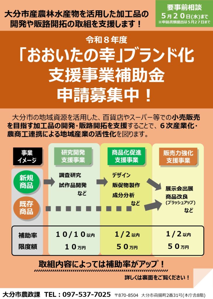 大分市のおおいたの幸ブランド化支援事業補助金｜食品開発・販路拡大に最大100万円