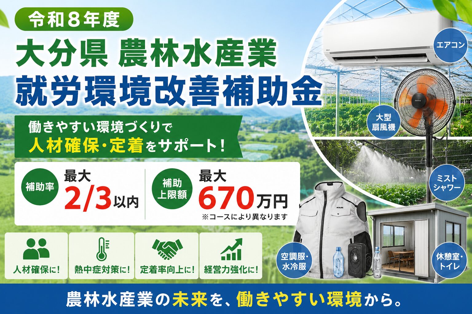 令和8年度大分県農林水産業就労環境改善補助金のアイキャッチ画像。エアコン・大型扇風機・ミストシャワー・空調服など就労環境改善設備を紹介。