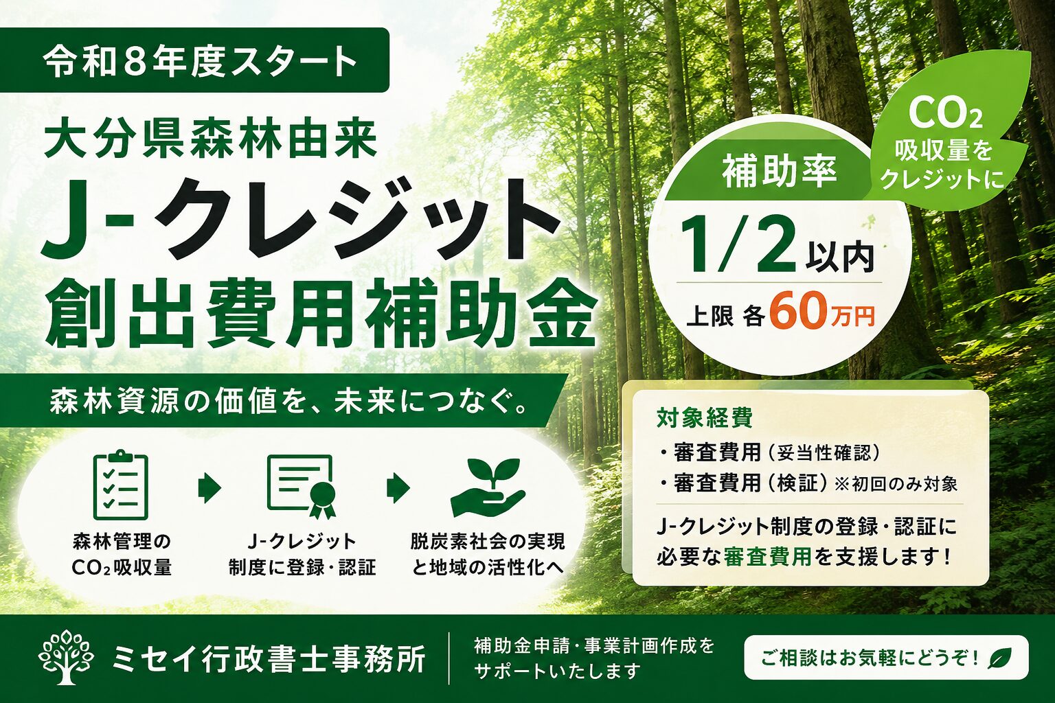 令和8年度大分県森林由来J-クレジット創出費用補助金を解説する森林イメージのアイキャッチ画像