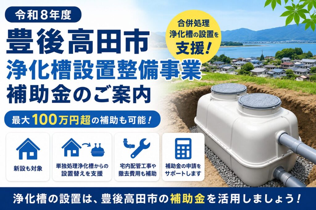 豊後高田市浄化槽設置整備事業補助金の案内。合併処理浄化槽の設置や単独処理浄化槽からの転換を支援する補助金制度。