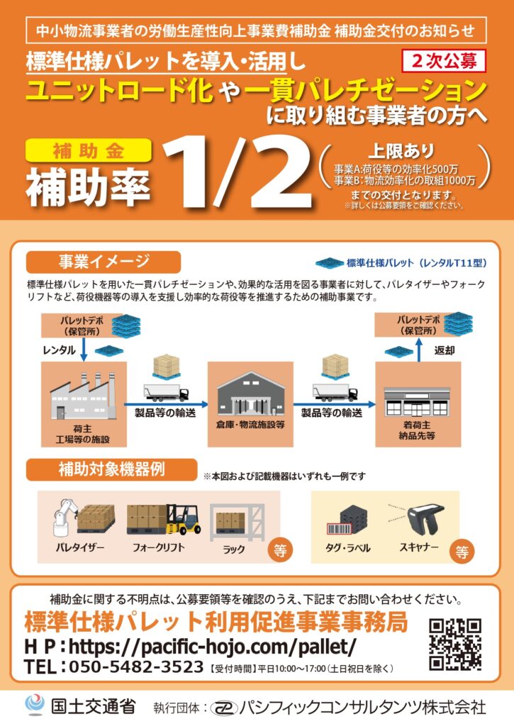 標準仕様パレット利用促進支援事業のイメージ。フォークリフトやパレタイザー等による物流効率化を支援する補助金