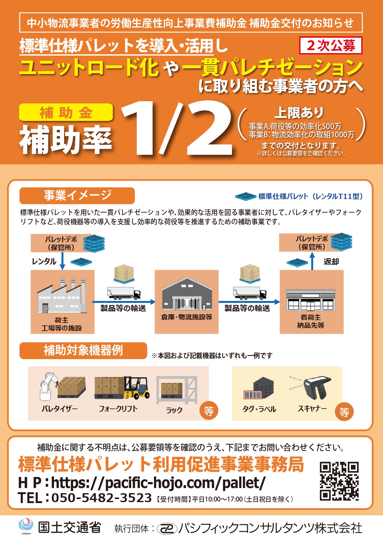 標準仕様パレット利用促進支援事業のイメージ。フォークリフトやパレタイザー等による物流効率化を支援する補助金