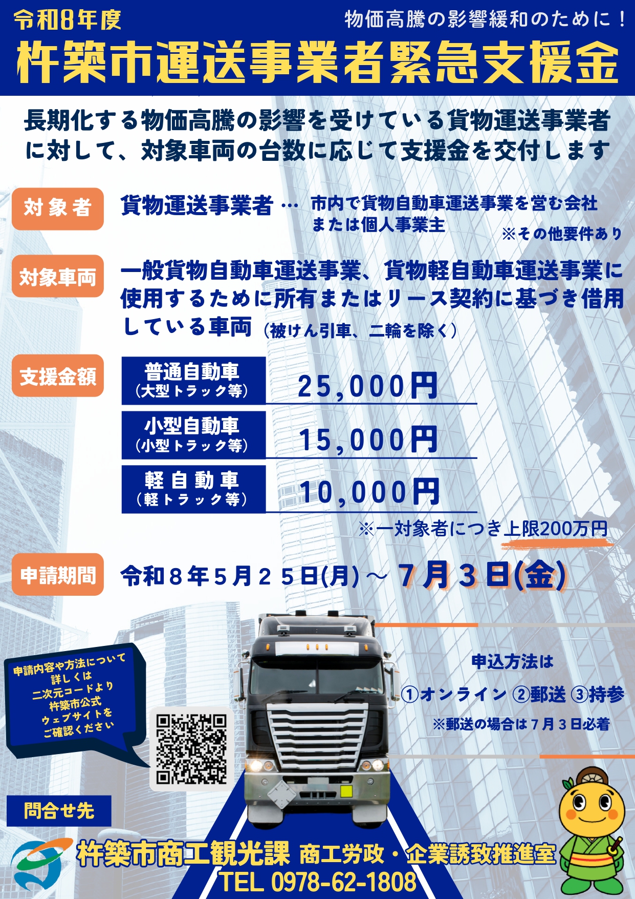 令和8年度杵築市運送事業者緊急支援金の申請サポートを案内するアイキャッチ画像。対象者、支援金額、申請支援をミセイ行政書士事務所が分かりやすく紹介。
