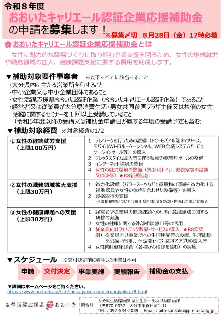 令和8年度おおいたキャリエール認証企業応援補助金の募集案内