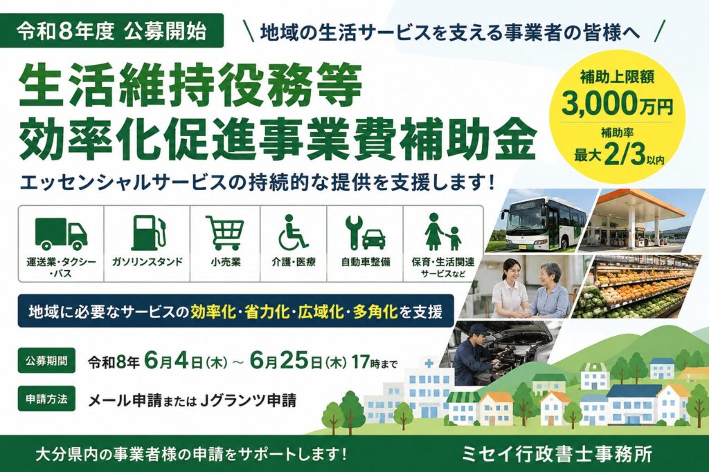 生活維持役務等効率化促進事業費補助金の概要を紹介するアイキャッチ画像。運送業、ガソリンスタンド、小売業、介護・医療、自動車整備などのエッセンシャルサービス事業者向け補助金を案内。