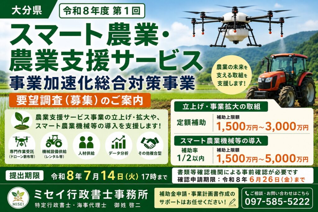 令和８年度第１回スマート農業・農業支援サービス事業加速化総合対策事業の要望調査を案内するアイキャッチ画像。農業用ドローンやトラクター、スマート農業機械の導入支援を紹介。