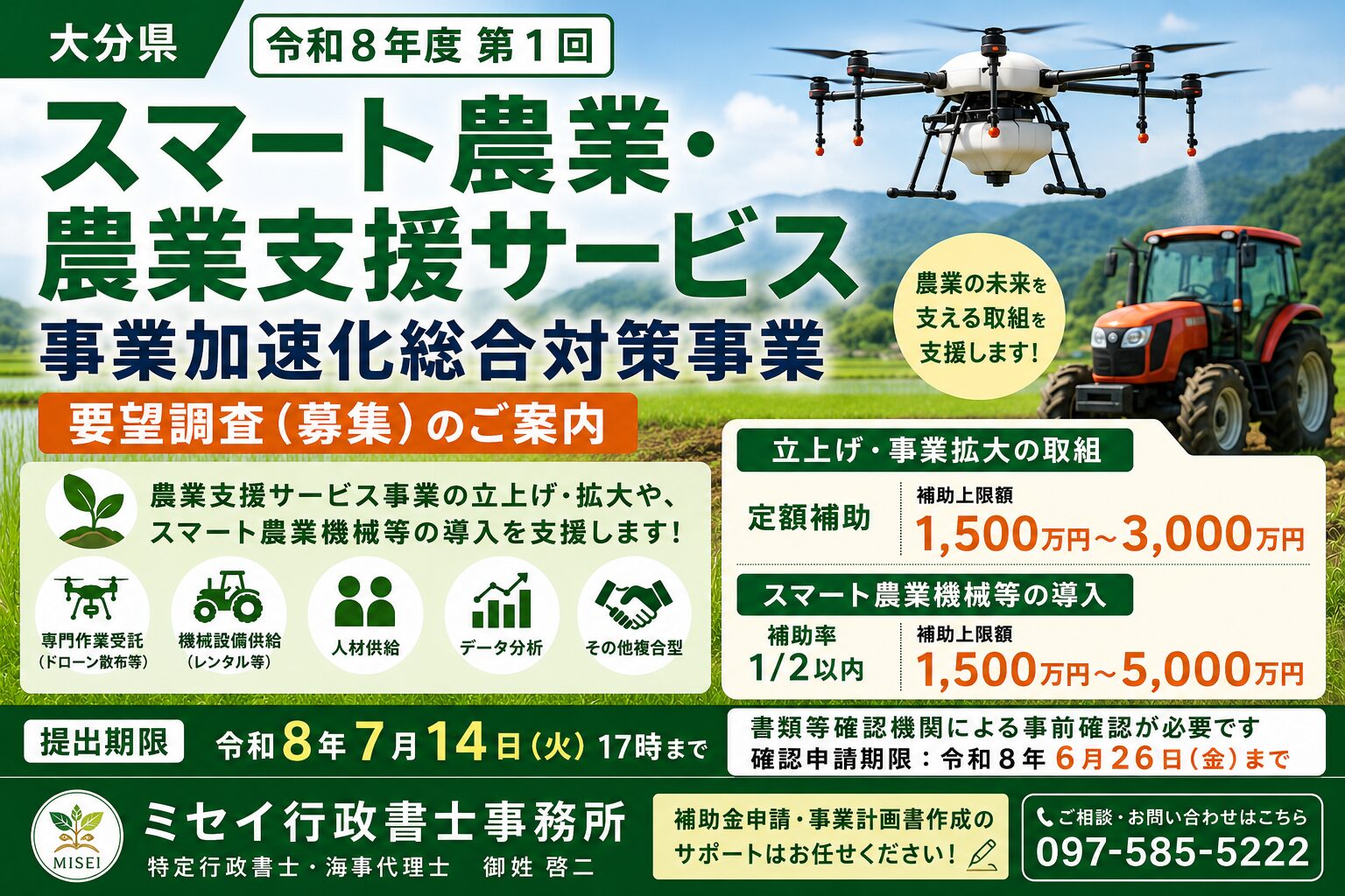 令和８年度第１回スマート農業・農業支援サービス事業加速化総合対策事業の要望調査を案内するアイキャッチ画像。農業用ドローンやトラクター、スマート農業機械の導入支援を紹介。