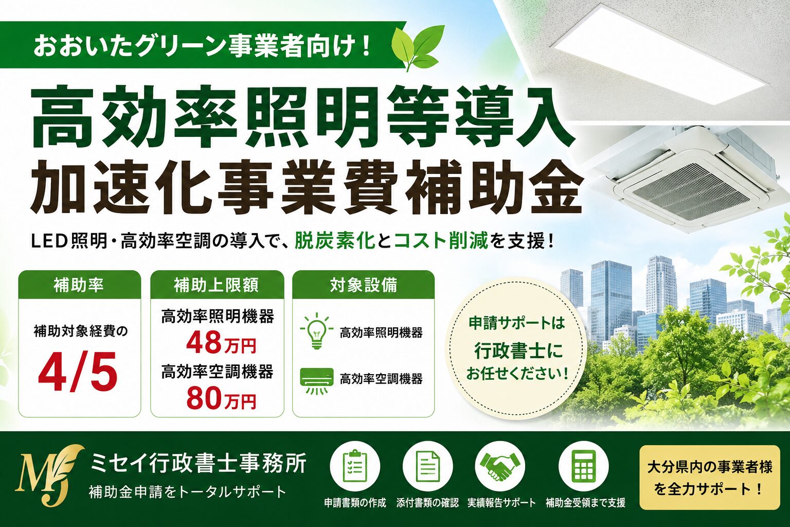 おおいたグリーン事業者向け高効率照明等導入加速化事業費補助金を紹介するバナー。LED照明・高効率空調設備の導入を補助率5分の4で支援し、ミセイ行政書士事務所が補助金申請をサポート。