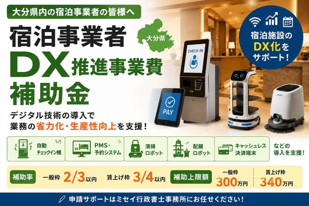 大分県宿泊事業者DX推進事業費補助金の案内。宿泊施設向けのDX導入支援として、自動チェックイン機、PMS、清掃ロボット、配膳ロボットなどの導入を補助する制度を紹介するアイキャッチ画像。