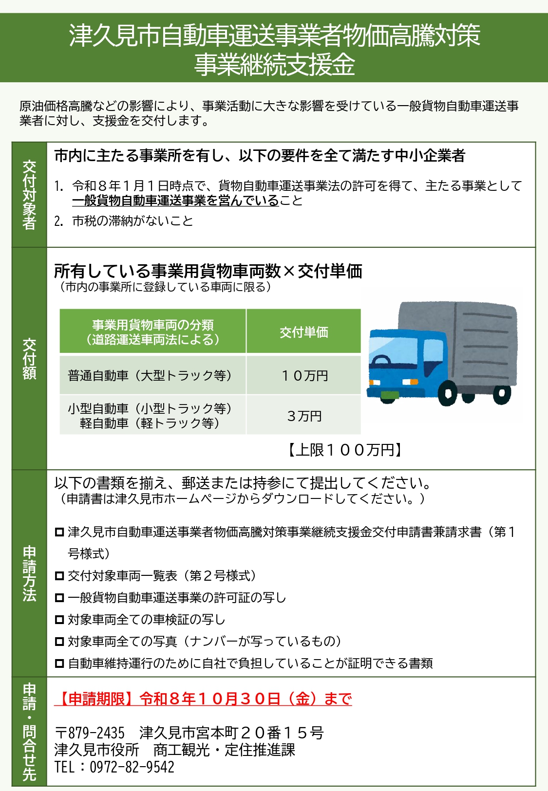 津久見市自動車運送事業者物価高騰対策事業継続支援金の案内イメージ｜一般貨物自動車運送事業者向け支援制度