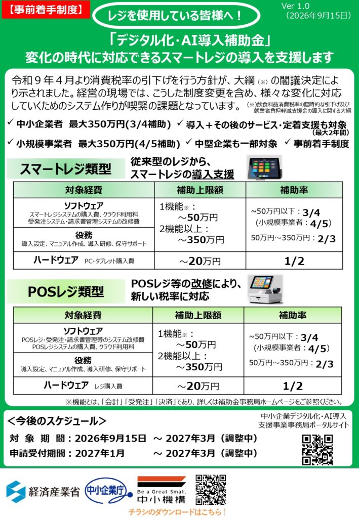 店舗のタブレット型レジを背景に、スマートレジ導入・POSレジ改修を支援するデジタル化・AI導入補助金の速報を案内する画像。