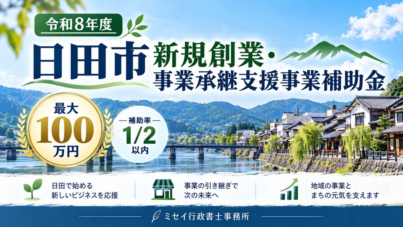 日田市新規創業・事業承継支援事業補助金の案内画像。補助率2分の1以内、最大100万円を支援