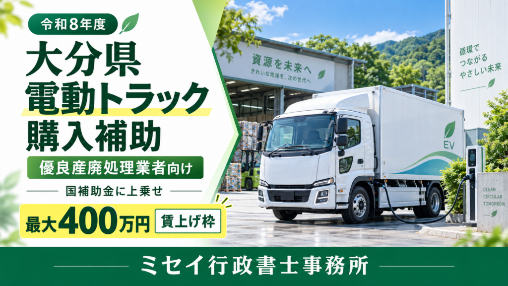 資源循環施設と電動トラックを背景に、大分県の優良産廃処理業者向け購入補助を案内する画像