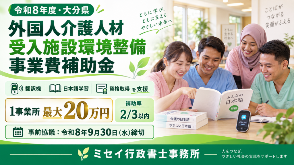 介護職員が日本語教材を使って学ぶ様子を背景に、大分県の外国人介護人材受入施設環境整備事業費補助金を案内する画像